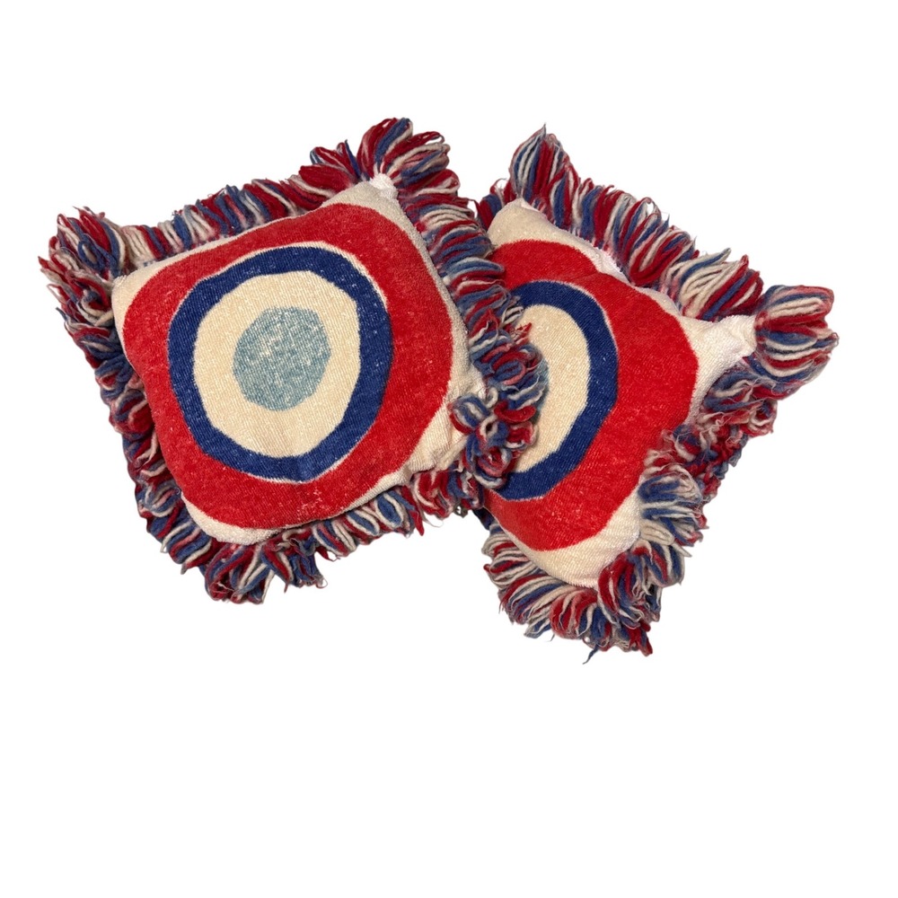 Vintage Mod Target Bullseye Small Throw Pillows Red White Blue Fringe Set of 2